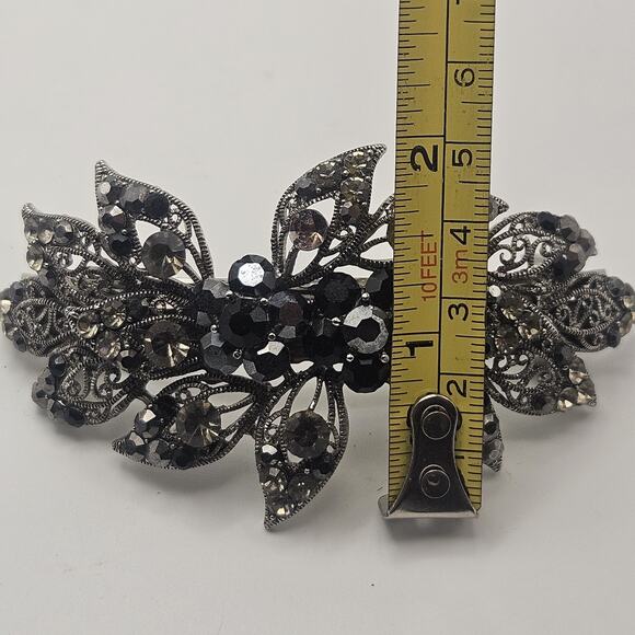Vtg Soho Floral Rhinestone Black Rhinestones Silver Tone Hair Clip Barrette main image 6